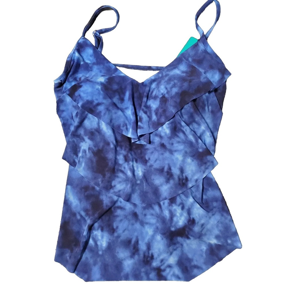 Aqua Green Tie Dye Womens Blue Tiered Padded Takini Swimsuit Top Size Small